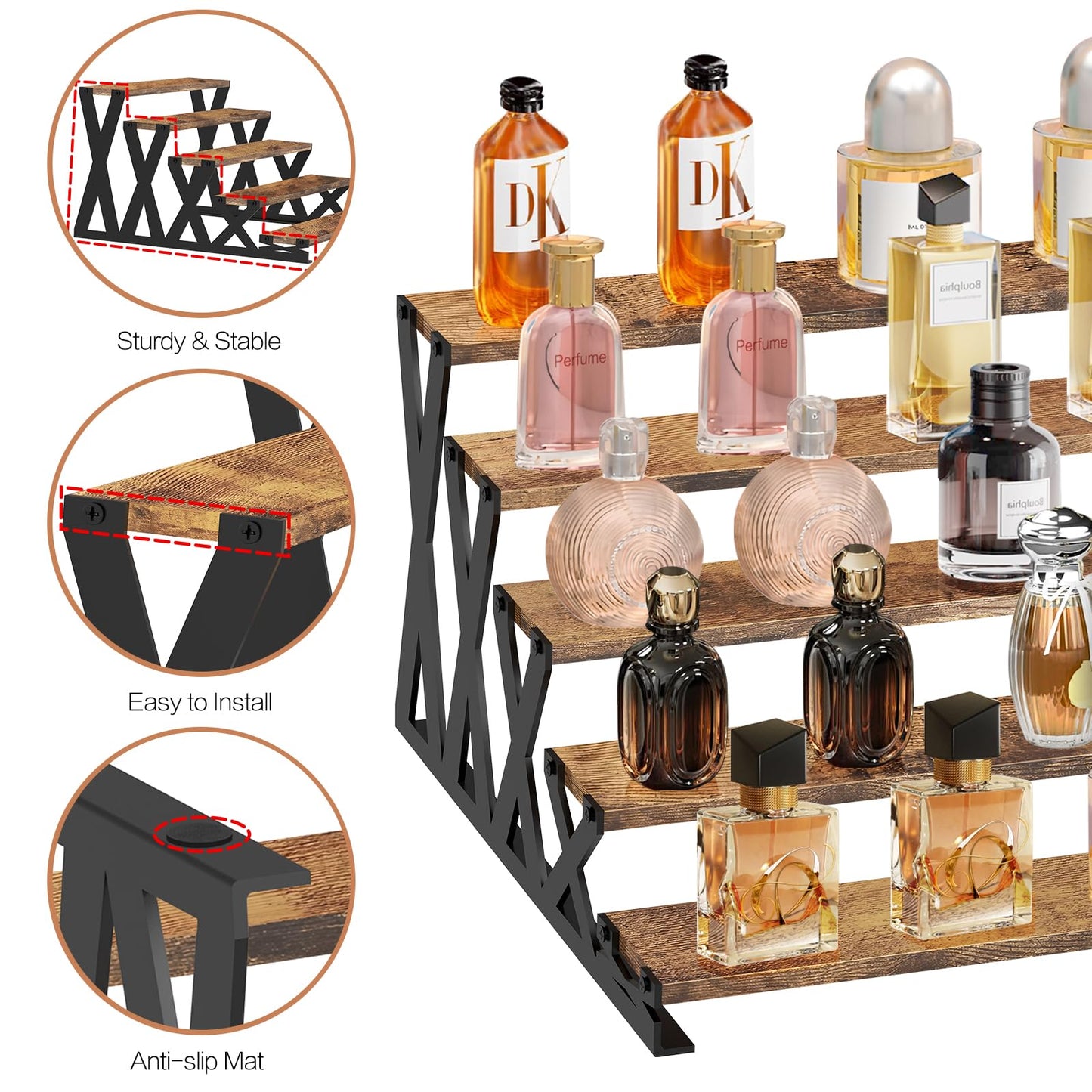 KALYLOC 5 Tier Wooden Display Riser Stand 13.8 Inch Metal Step Perfume Stand Organizer Tabletop Tiered Display Shelf Rack for Cologne Cupcake Spice Figures Cosmetics Candles (Brown, X-Shape)