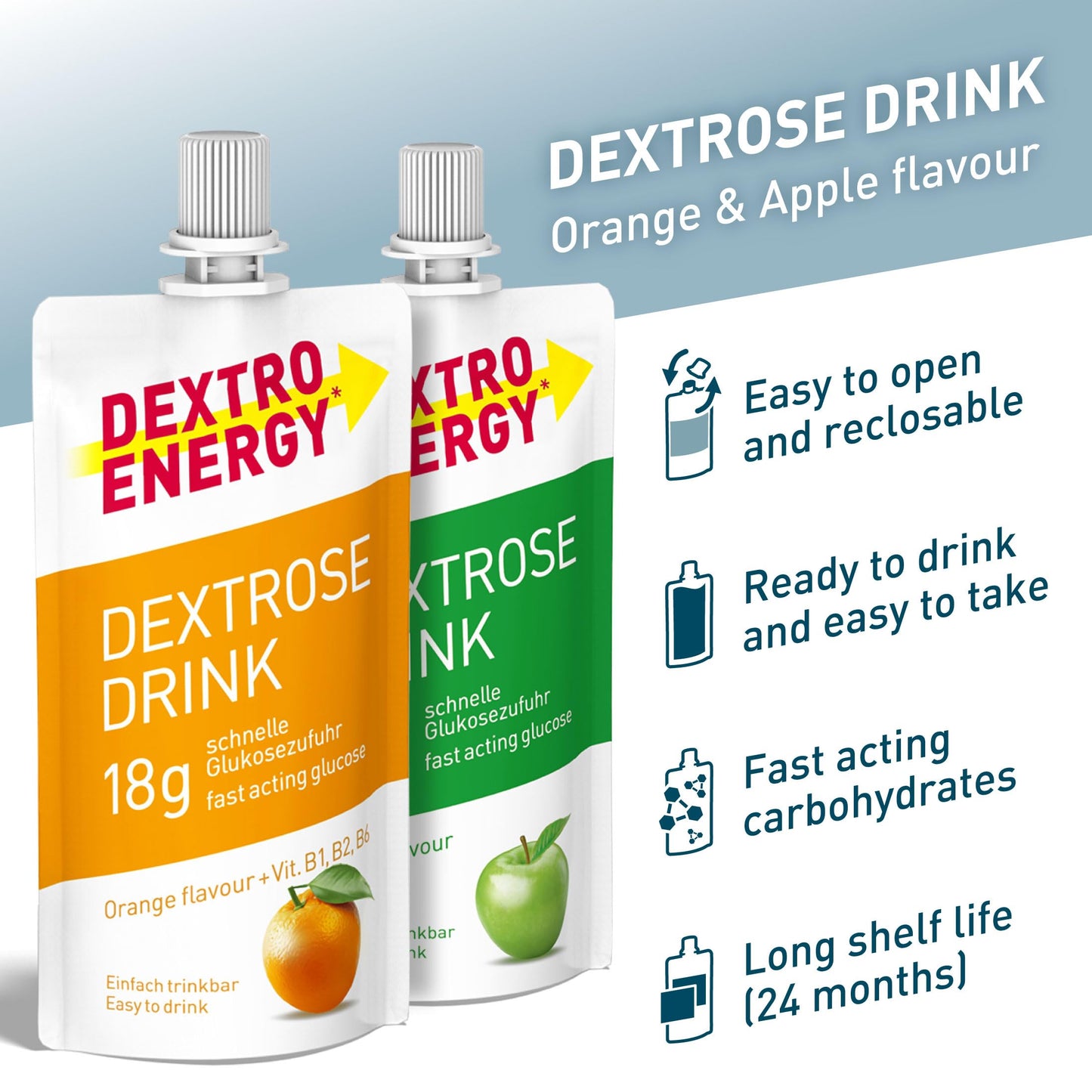 Dextro Energy Apple and Orange Flavour Dextrose Drink | 18g of Fast Acting Glucose | Liquid alternative to Dextro Glucose Tablets | Ready to Drink, Easy to Consume, Re-Sealable | 50ml Pack of 12