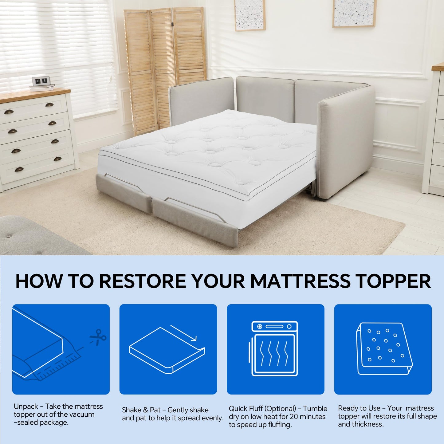 HOMBYS 2 Inch Thick Queen Size Sofa Bed Mattress Protector, 60'' x 72'' Waterproof Mattress Pad Cover with Deep Pocket, Pull Out Couch Pad Topper (White)