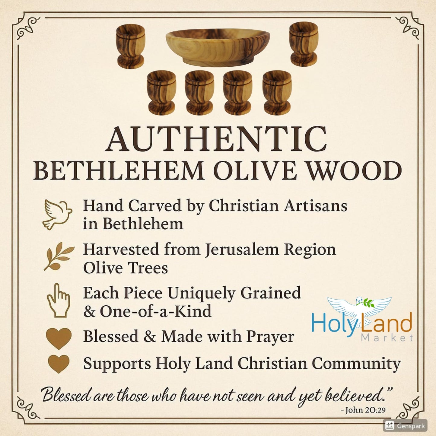 Holy Land Market Olive Wood Communion Cups & Plate Set KIddush - Communion Set Hand-Carved in Bethlehem – for Church Worship, Pastors & Ministries (Round Bowl + 6 Small Goblets)