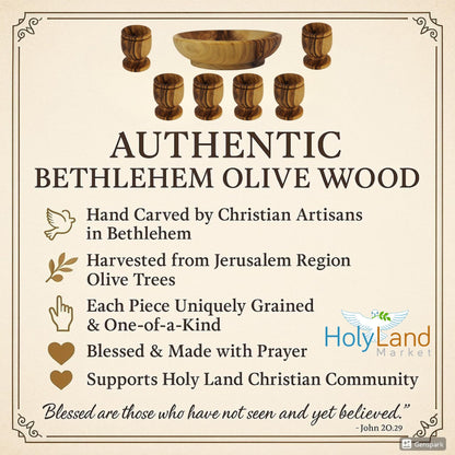 Holy Land Market Olive Wood Communion Cups & Plate Set KIddush - Communion Set Hand-Carved in Bethlehem – for Church Worship, Pastors & Ministries (Round Bowl + 6 Small Goblets)