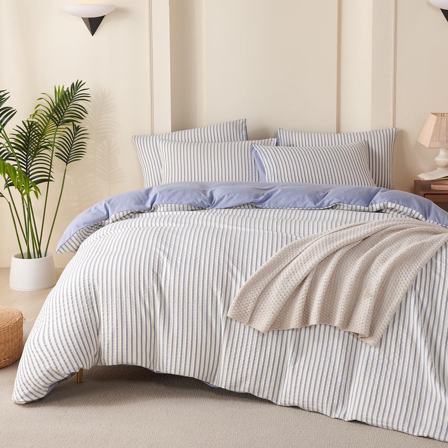 BUPIRD Comforter Set Queen Striped Blue 100% Soft Washed Microfiber Jacquard 3 Pieces Striped Bedding Sets Blue White Comforter for All Seasons and 2 Pillowcases Comfort Breathable