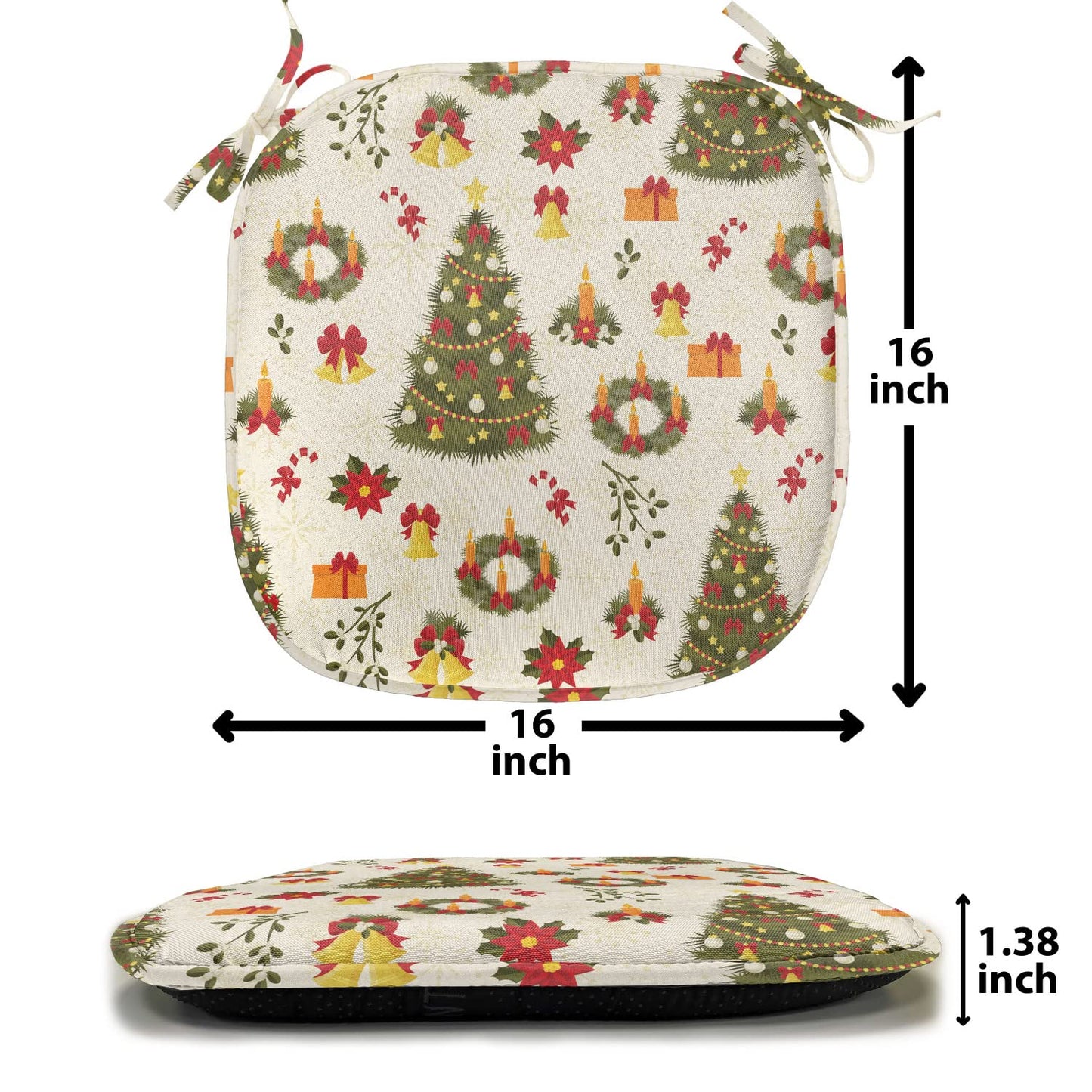 Ambesonne Christmas Chair Seating Cushion Set of 4, New Zealand Poinsettia Flower Xmas Trees Gift Boxes Art Culture Pattern, Anti-Slip Seat Padding for Kitchen & Patio, 16"x16", Olive Green Yellow