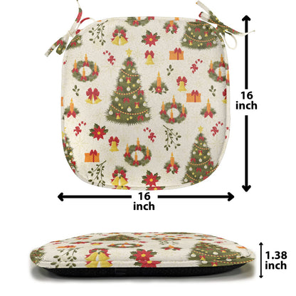 Ambesonne Christmas Chair Seating Cushion Set of 4, New Zealand Poinsettia Flower Xmas Trees Gift Boxes Art Culture Pattern, Anti-Slip Seat Padding for Kitchen & Patio, 16"x16", Olive Green Yellow