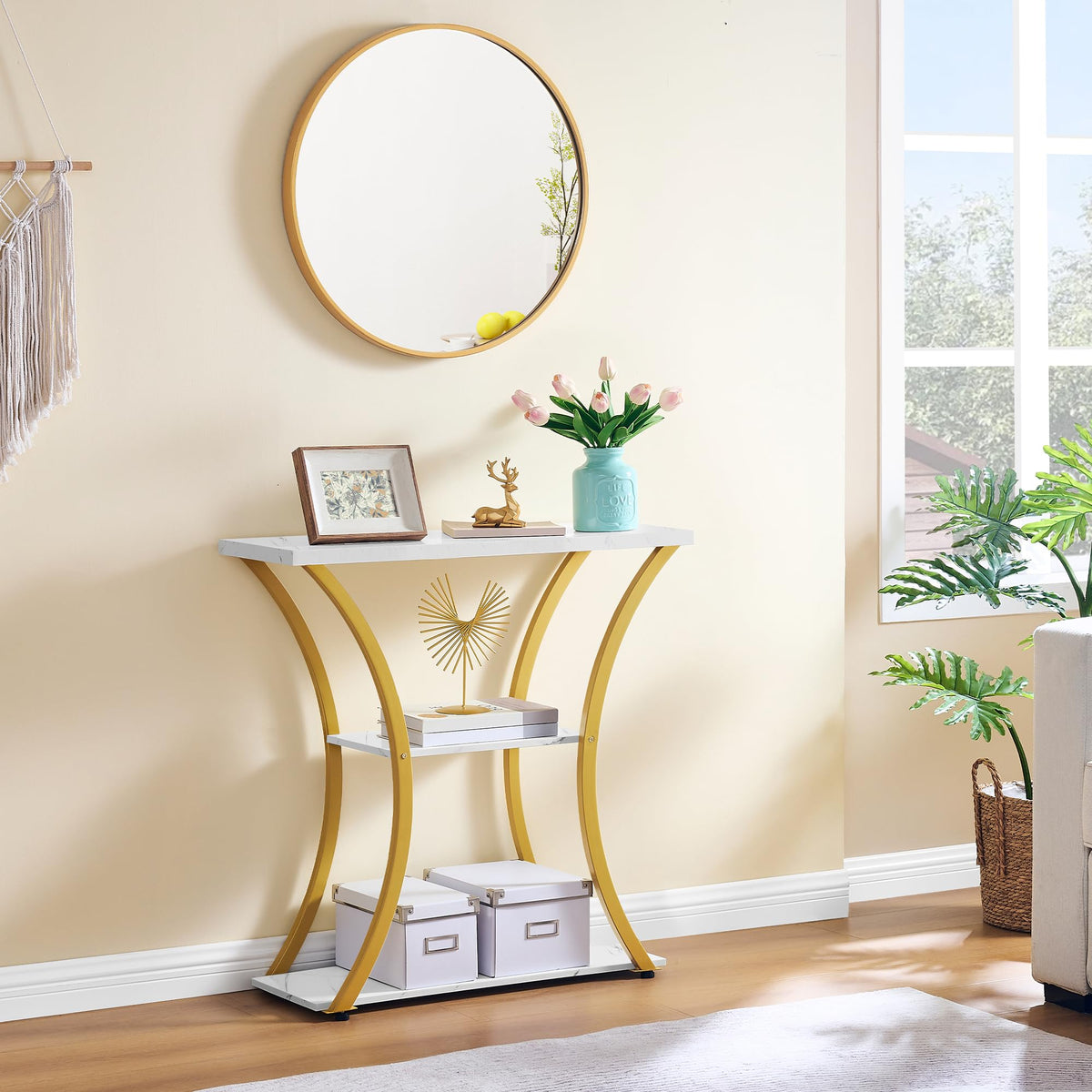 Hoctieon 3 Tier Console Table with Open Wood Shelves, Decorative Entryway Table with Curved Metal Frames, Narrow Sofa Table for Entrance, Living Room, Hallway, Gold and White Marbled