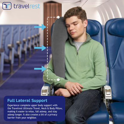 TRAVELREST Ultimate Travel Neck and Body Pillow - Unparalled Support Design, Essentail for Bus, Train, Airplane, Office, Wheelchairs, Comfort and Support, Rolls Up, Straps to Airplane Seat & Car- Grey