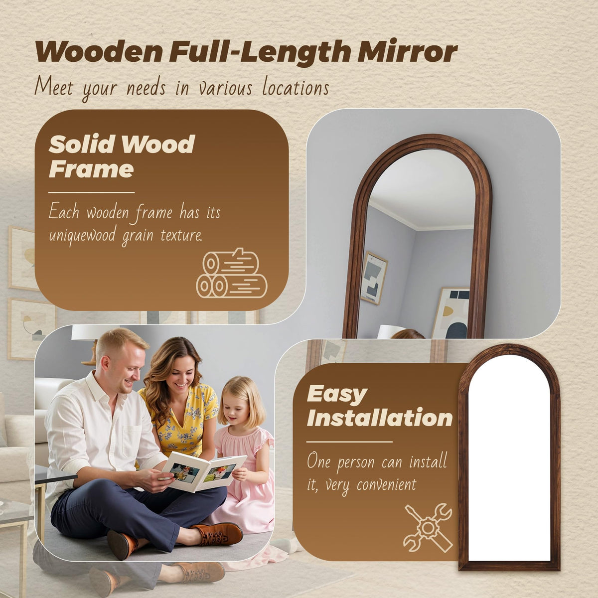 Antok Full Length Mirror with Solid Wood Frame, 76"×34" Wall Mounted Oversized Floor Mirror with Stand, Leaning Standing Hanging for Bedroom Living Room Entryway, Walnut, Arched Syle