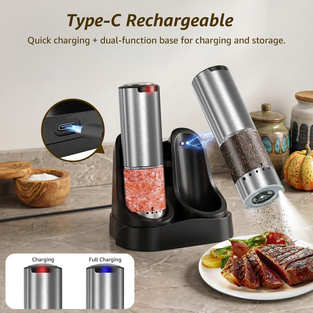 QTDHG Electric Salt and Pepper Grinder Set Type-C Fast Charging, Automatic Salt and Pepper Shakers Adjustable Coarseness, Stainless Steel Rechargeable Salt and Pepper Grinder with LED Light
