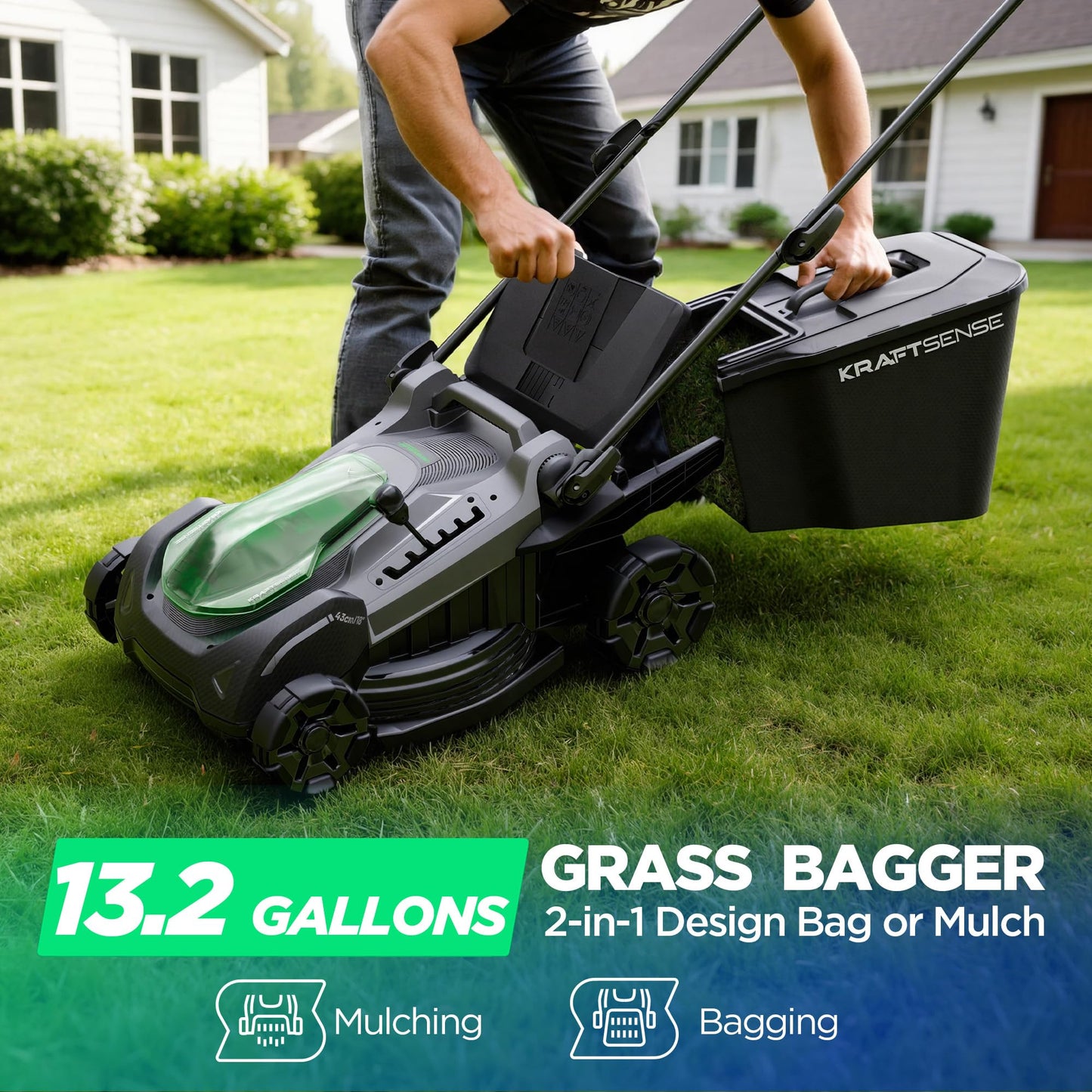 KraftSense 18" Electric Lawn Mower, 40V Cordless Lawn Mower with 2x5.0Ah Batteries, Brushless Motor, 2-in-1 Mulching & Bagging, 6-Position Height Adjustment, for Medium Yards