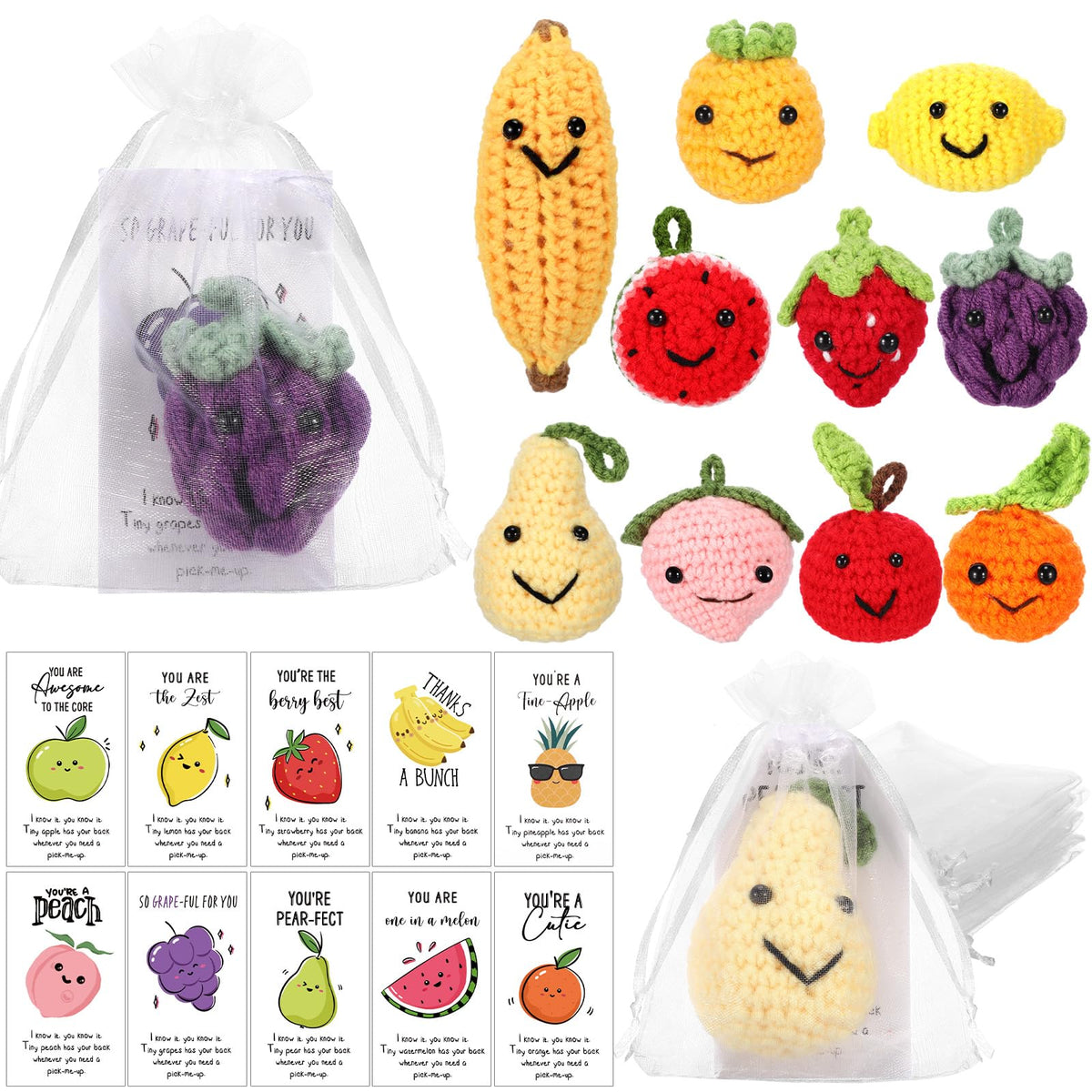 Shappy 30 Sets Dancing Fruit Inspirational Gift Positive Fruit Funny Wool Knitted Mini Coworker Appreciation Gift Motivational Pun Card Graduation Party Favor for Teacher Employee Staff