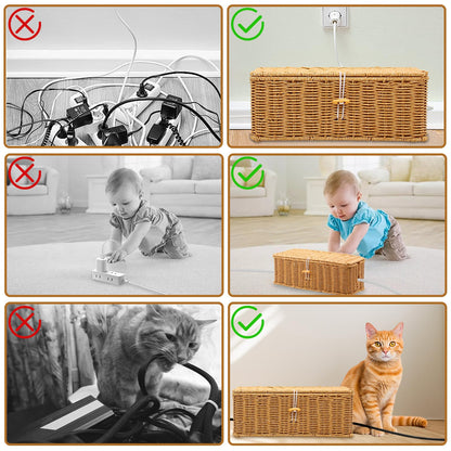 2PCS Cable Management Box, Handmade Rattan Cable Organizer, Open Slots Cords Hider Box Cord Basket Under Desk Cord Organizer for Computer Router USB Hub & Power Strip