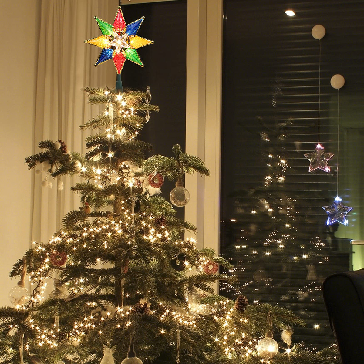 Brizled Christmas Star Tree Topper, 8" Lighted Double-Sided Christmas Tree Topper, 8-Point Multi Color Xmas Tree Topper with 10 Warm Lights, 120V UL Certified Tree Star for Christmas Tree Party Home