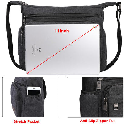 JAKAGO Messenger Shoulder Bag 13 Inch, Multi Pockets Canvas Crossbody Bag for Men/Woman,Casual Lightweight Satchel for Travel Outdoor Hiking Working Daily Use (Black)