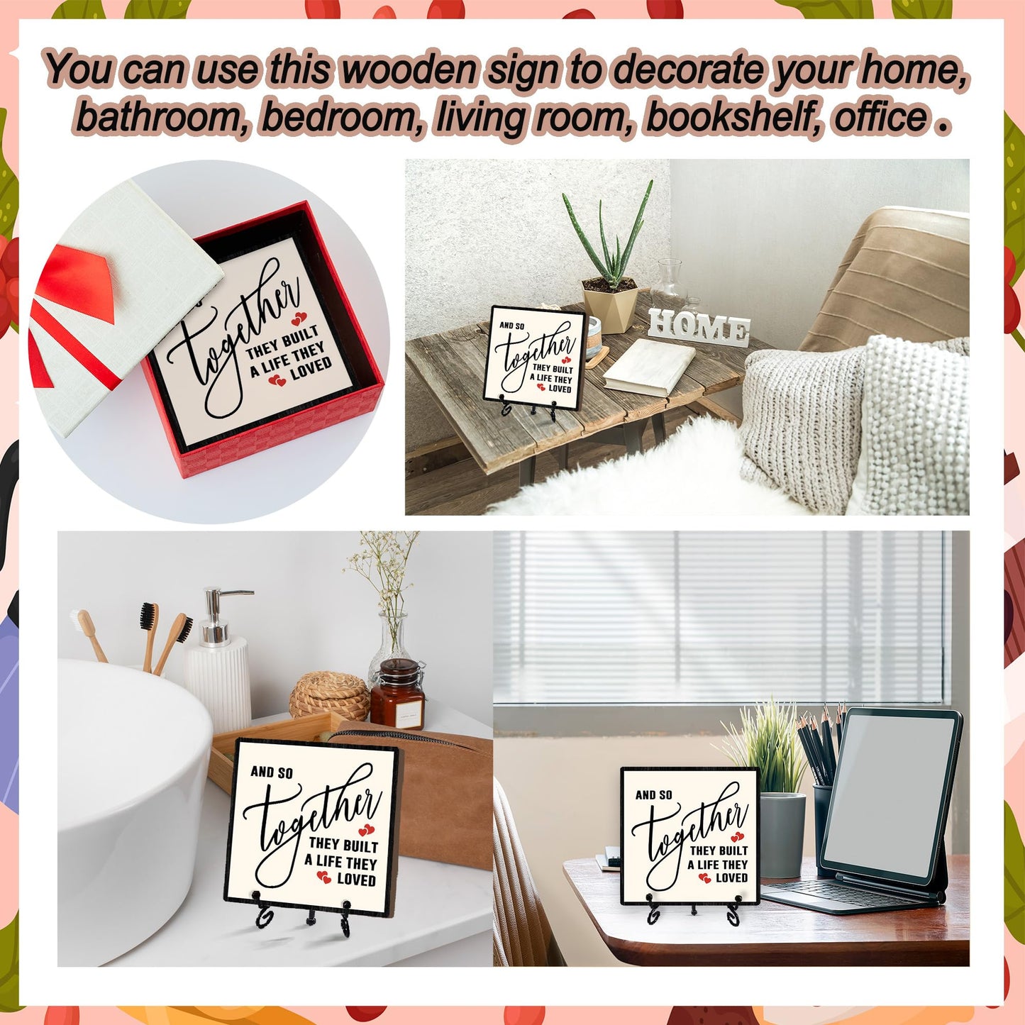 Home Desk Decor Sign, Rustic Wooden Sign With Stand, And So Together They Built A Life They Loved Sign For Farmhouse Home Living Room Bedroom Shelf Table, Family Friend Coworker -D12