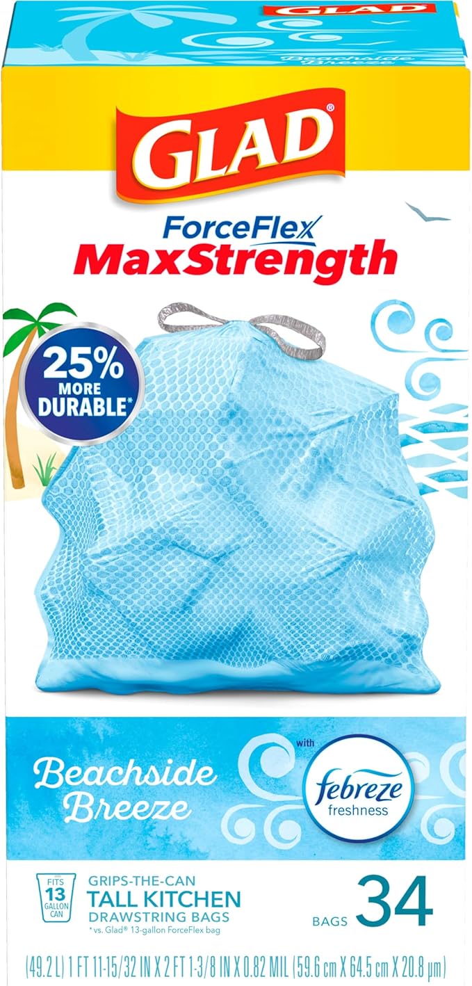 Glad Tall Kitchen Trash Bags 13 Gallon, MaxStrength Beachside Breeze Garbage