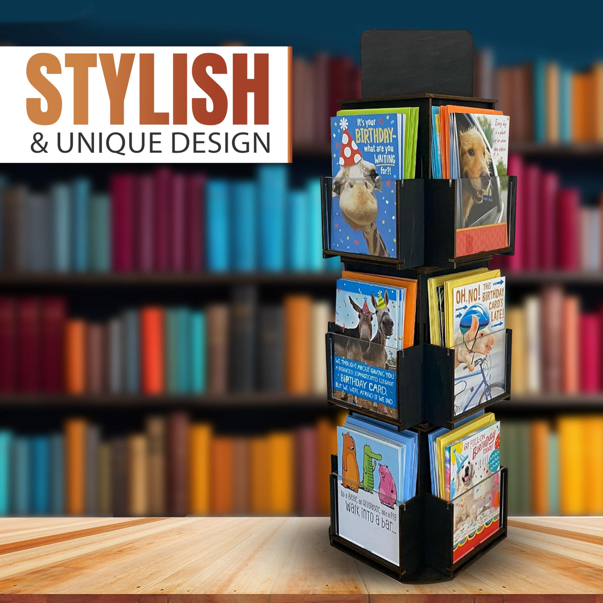 Rotating Greeting Card Display Stand, 3 Tier Wooden Organizer, 4-Sided Display Rack 360 Degree Spinning Multi-Pocket Display for Coasters, Stickers, Retail, Showcase, Tradeshow (Ebony)