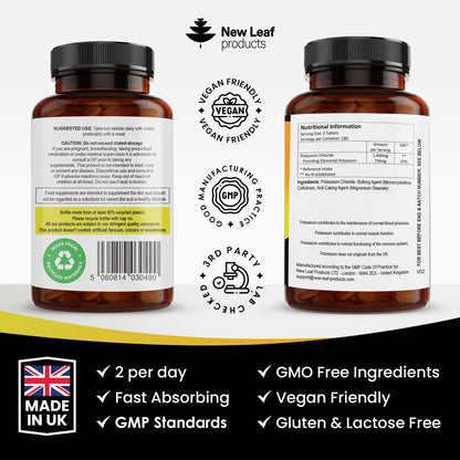 Potassium Supplements 1400mg High Strength - 360 Vegan Potassium Tablets Mineral Electrolytes Supplement Contributes to Normal Muscle Function, Nervous System - Gluten-Free, Non-GMO, Made in UK
