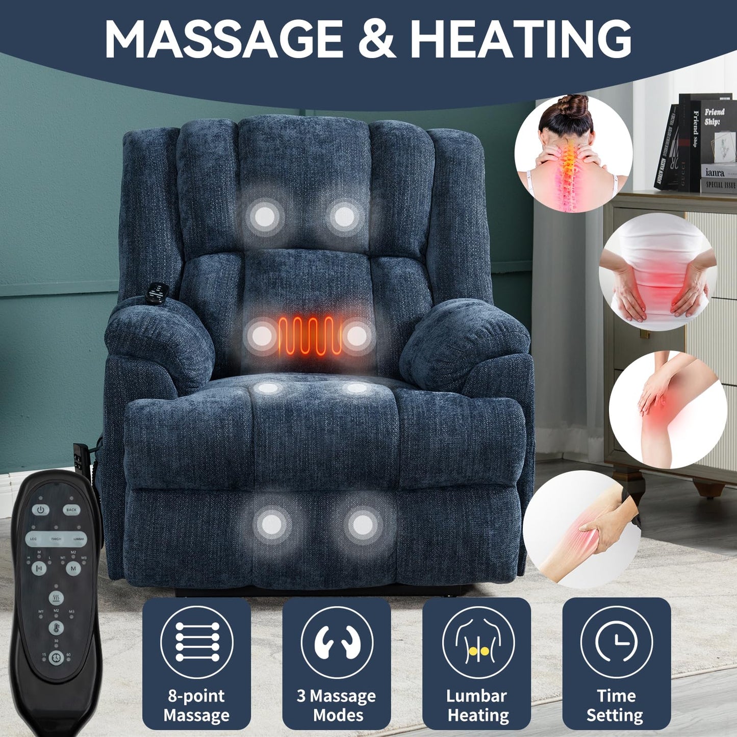 GDFStudio Dual Motor Power Lift Recliner Chair with Massage and Lumbar Heat, Heavy Duty Electric Reclining Chair with Remote Control, Supports Up to 350 LBS, Blue