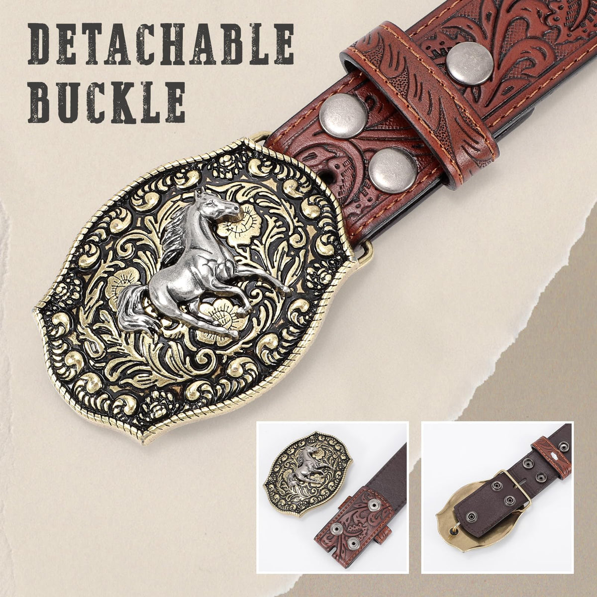 SANSTHS Cowboy Belts for Men Women Western Buckle Belt Cowboy Cowgirl Embossed Leather Belt for Jeans Belt