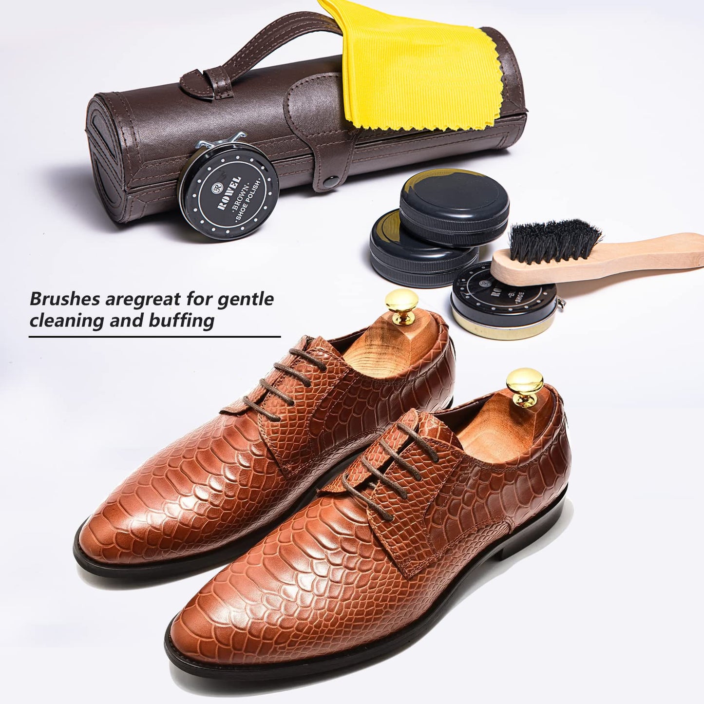 YUET Shoe Polish Kit Cleaning Shine Care Barrel Set For Brown Black Leather With Brush Travel Case Luxury Premium Soft Horsehair Bristle Dauber, Wooden Applicator, Shoehorn, Cloth 12 Piece Brown Pouch