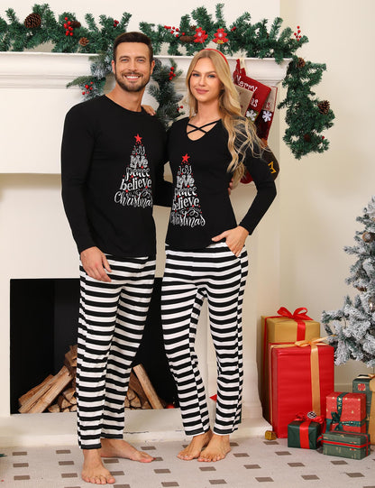 iClosam Matching Family Pajamas Set Striped Christmas Pajamas Sleepwear Dad Mom PJs Black