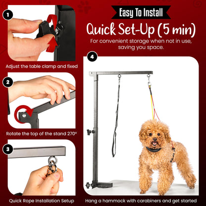 Dog Grooming Arm with Clamp & Pet Grooming Hammock | 4 Extra Bundles | Dog Grooming Stand with Grooming Gloves, Shears & Comb & Nail File | Grooming Table Arm with Adjustable No Sit Haunch Holders