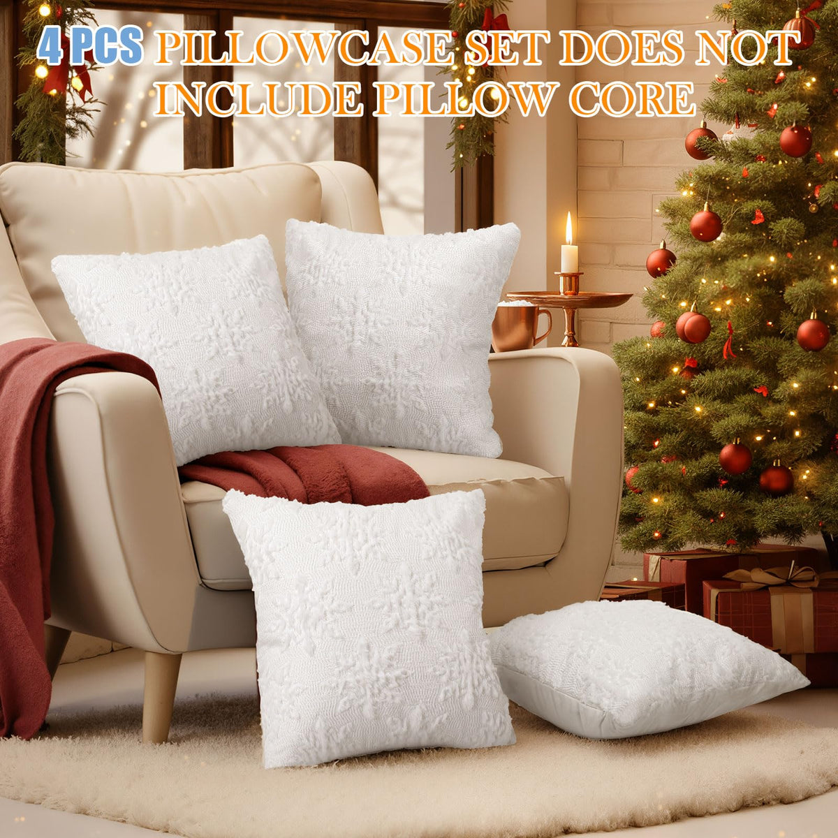 Tudomro 4 Pcs Snowflake Throw Pillow Covers White Winter Pillowcase 3D Embroidered Soft Plush Faux Fur Pillow Covers Winter Modern Home Decorative for Sofa Couch Bed(18 x 18 Inches)