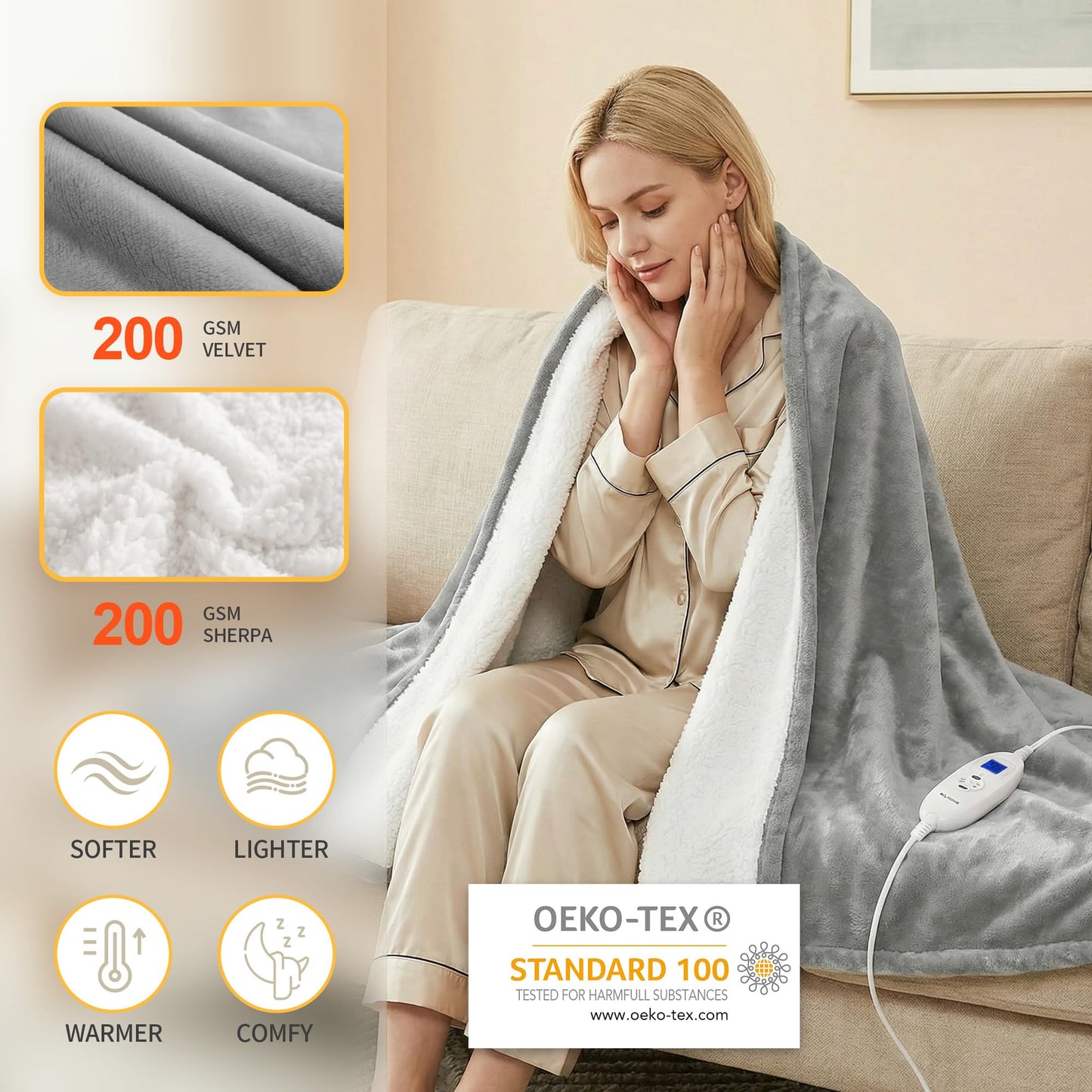 Myiosus Heated Blanket Throw Blanket, Fast Heating Electric Blanket with 9 Heating Levels & 9 Time Settings, Soft Velvet Sherpa Heated Throw, UL & FCC, Warm Gifts for Women & Men (50"x60", Grey)
