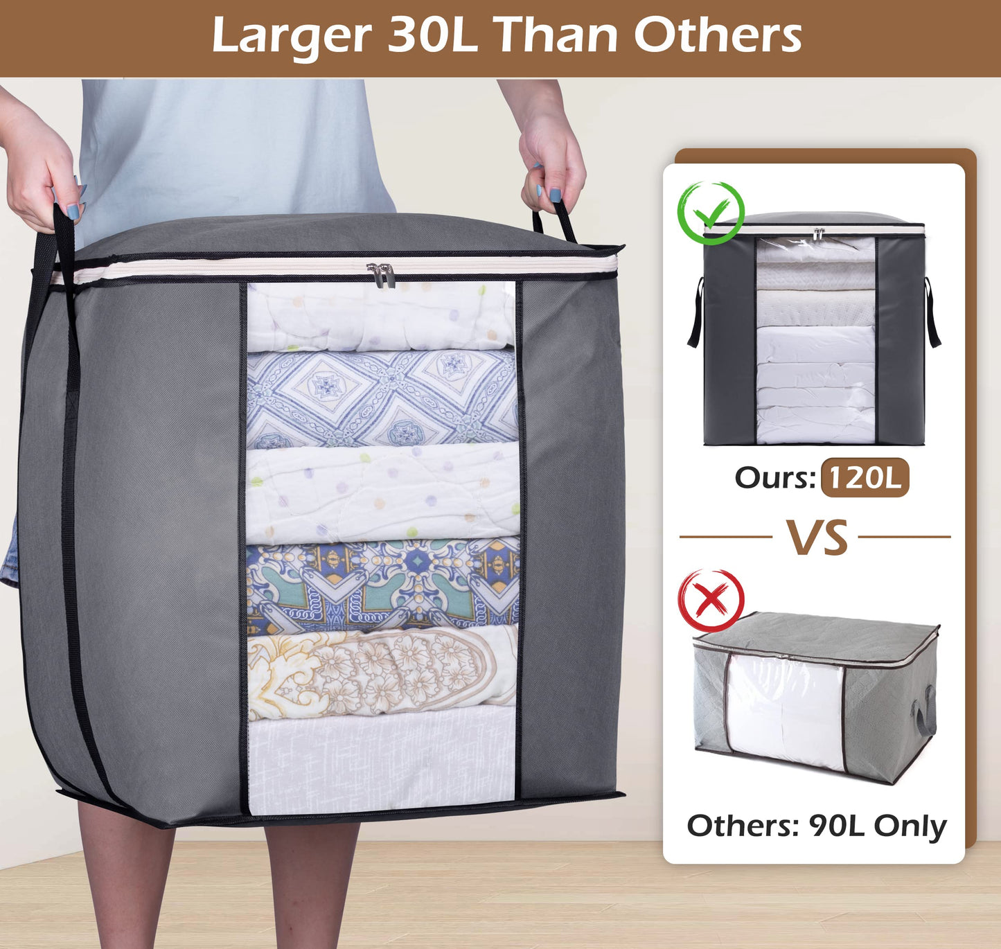 SLEEPING LAMB 120L Oversized Blanket Storage Bags Sturdy Fabric Clothes Storage Containers for King Comforter Bedding Pillow Sheet, Grey, 3 Packs
