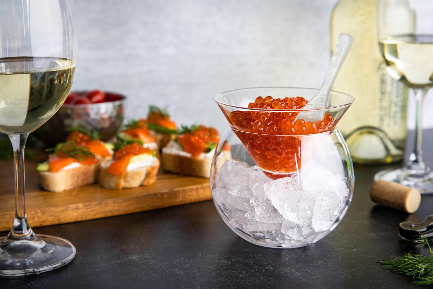 KooK Glass Caviar Chiller Server Set, with Mother of Pearl Spoons, Serving Dish with Ice Holder, for Shrimp, Appetizers, Liquor, Martinis and Cocktails, Dishwasher Safe, 5 oz Bowl, Set of 2