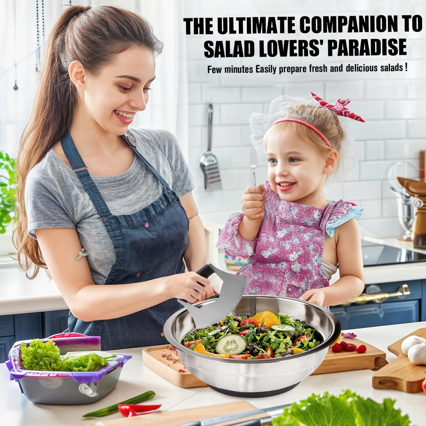 ZMCYNG Salad Chopper Bowl - Stainless Steel Salad Chopping Bowl, Sala d Chopper Bowl and Cutter with Lid, Chef Grade Salad- Chopper Blade and Bowl, Mezzaluna Mincing Knife, Super-fast Sala d Prep