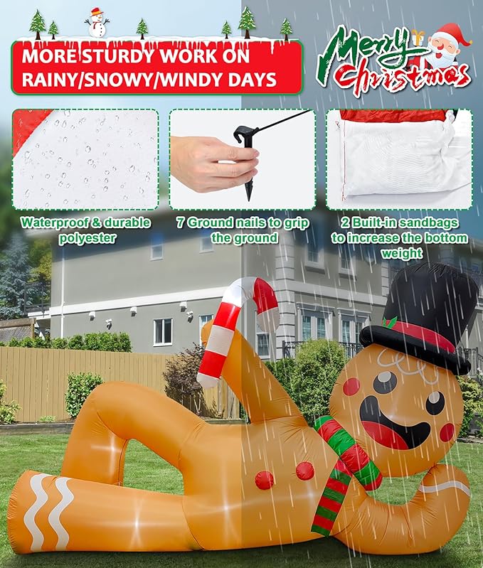 EAONE 10FT Christmas Inflatable Outdoor Decoration, Giant Christmas Blow Ups Yard Decorations Inflatable Gingerbread Man Lying Flat with Built-in LED Lights for Garden, Lawn, Home Xmas Holiday Decor