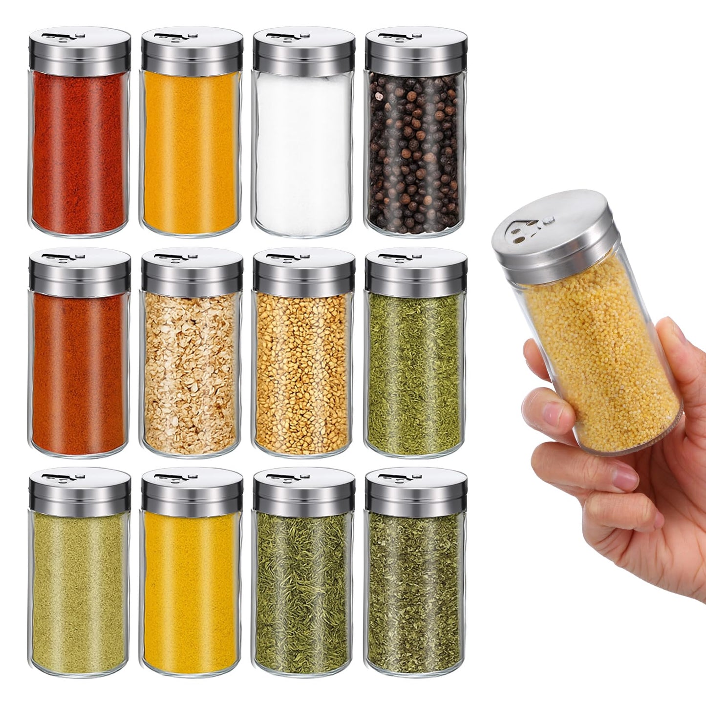 12-Pack 4 oz Salt and Pepper Shakers with Adjustable Pour Holes – Glass Spice Jars with Stainless Steel Lids – Clear Seasoning Containers for Kitchen, Dining, and Camping (1.85” x 3.94”)