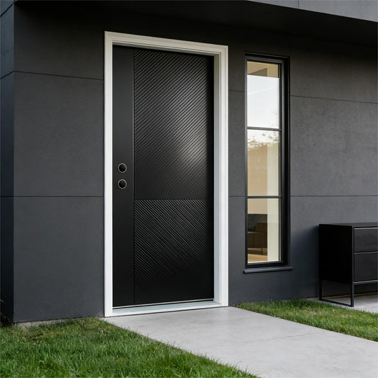 KEIKI 36" x 80" Fiberglass Entry Door, Right Hand Inswing Front Door with Antique Black Finish, 4-9/16" Vinyl Frame, Durable Knock-Down Frame for Residential & Commercial Use, Black