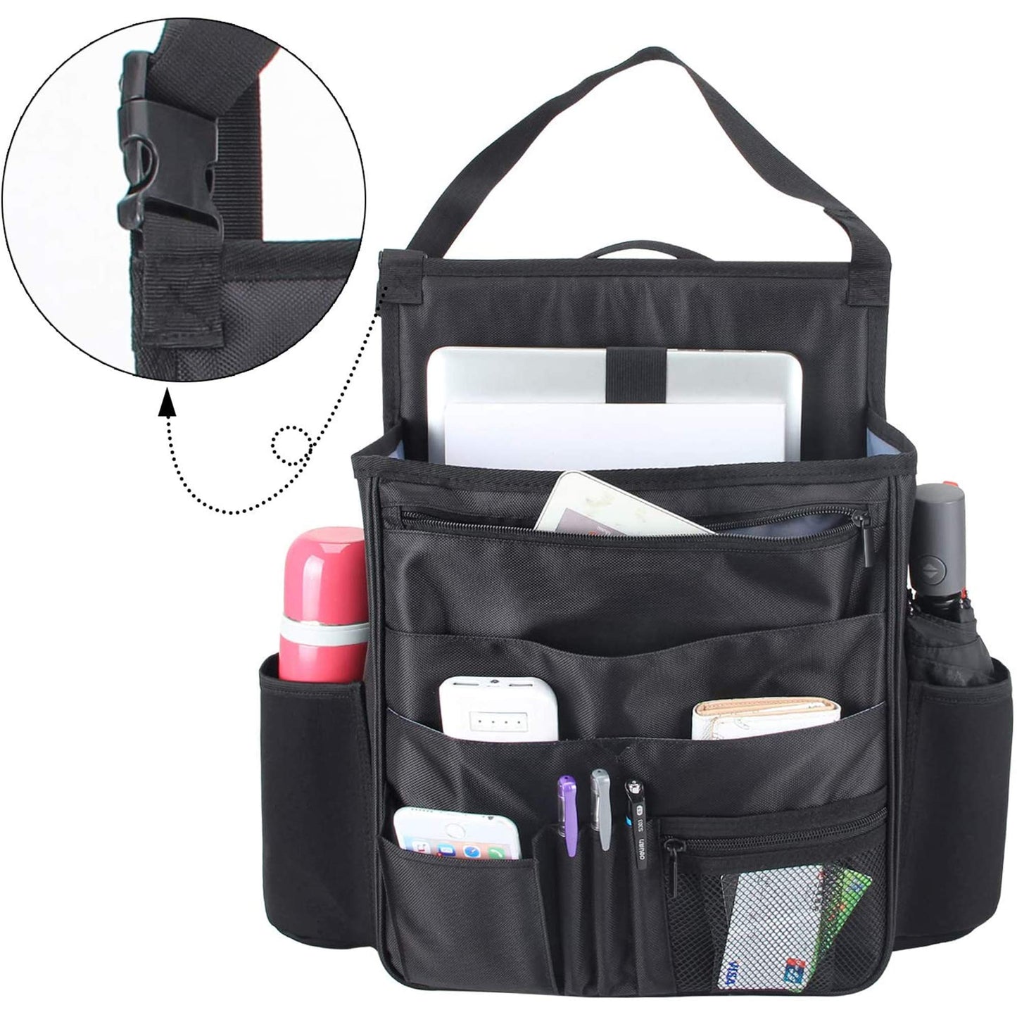 Luxja Car Seat Storage Organiser, Car Seat Organiser Front, Car Seat Back Storage Bag with Laptop & Tablet Storage, Black
