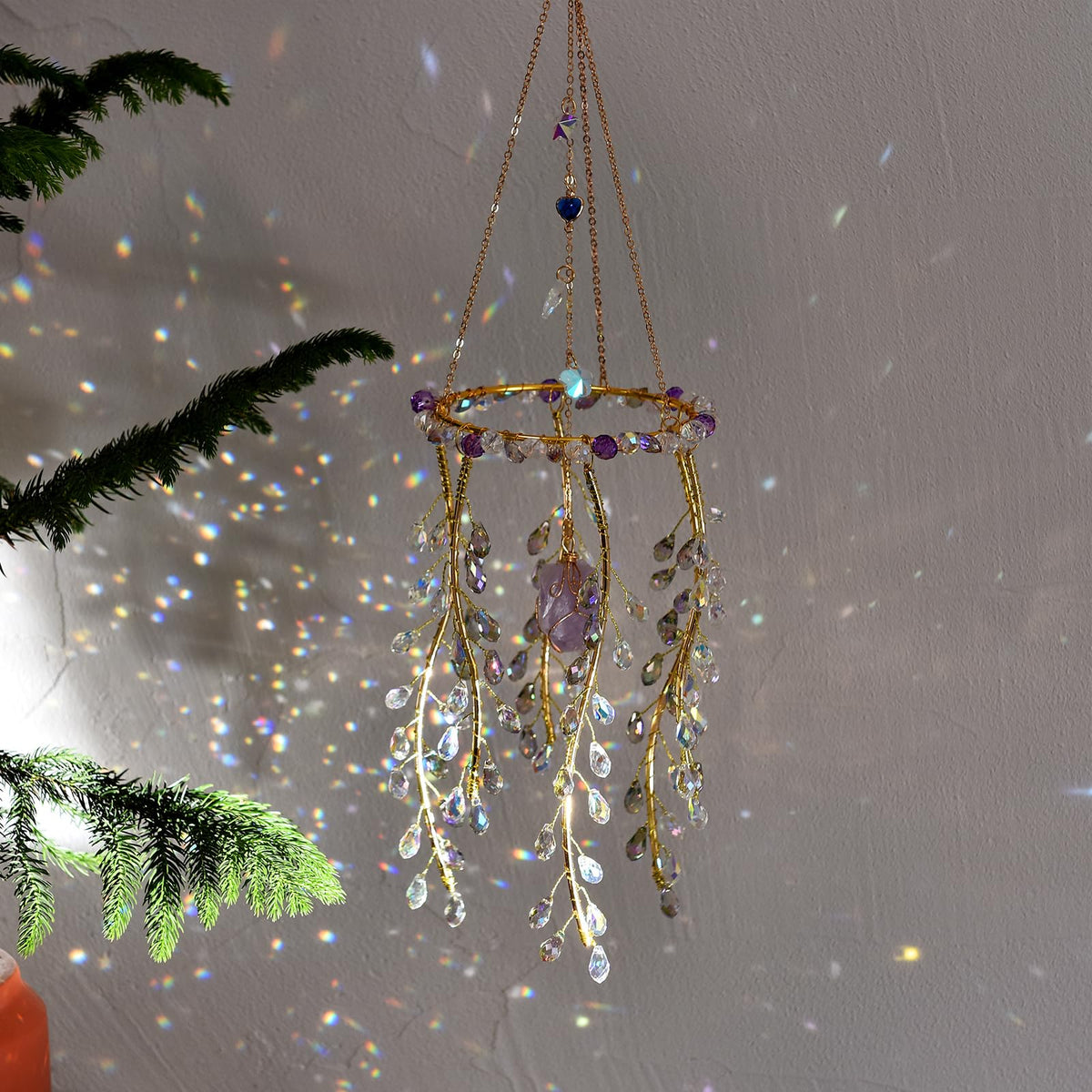 Crystal Hanging Suncatcher with Natural Stone, 16.9 Inch Decorative Wind Chime, Gold Chain & Branch Design (Purple)
