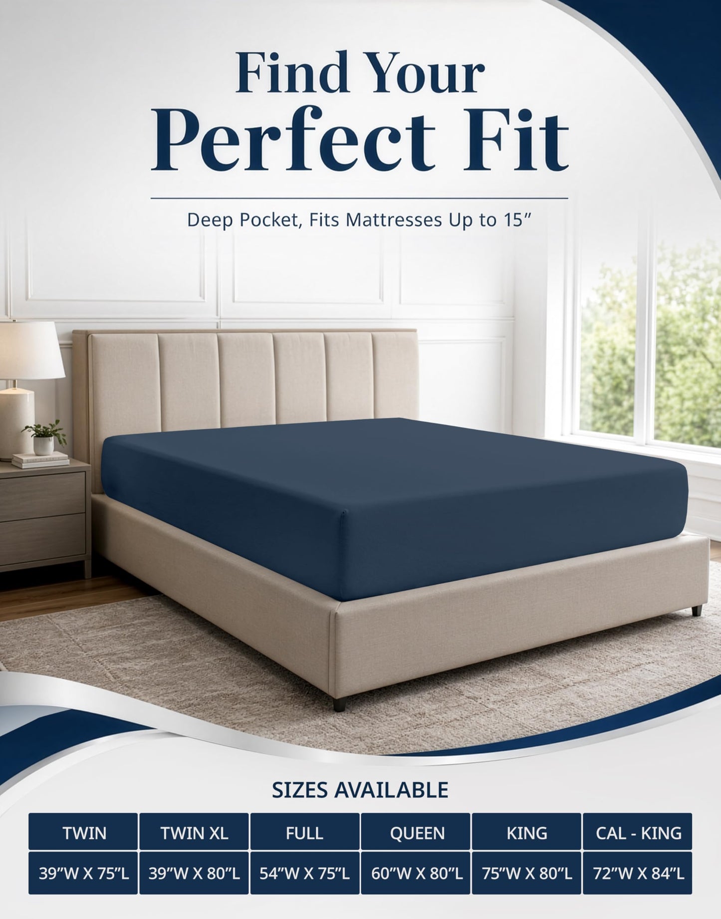 Full Size Bottom Sheet - All Around Durable Elastic for a Snug Fit - 15" Deep Pocket Fitted Sheet - Helps Keep You Cool & Dry and Stays in Place - Ultra Soft, Wrinkle Free & Easy Care - Estate Blue