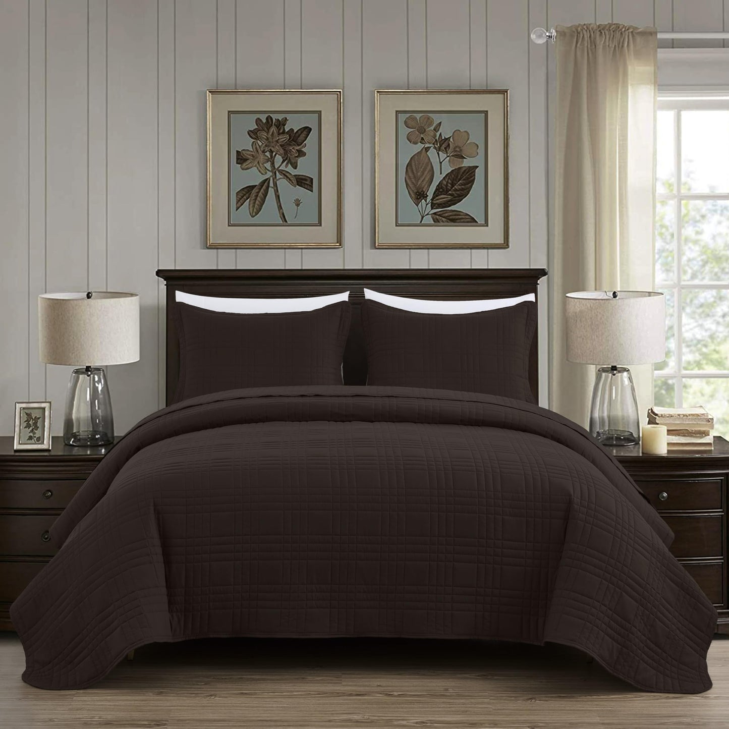 Chezmoi Collection Kingston Queen Size Bedspread Set, 3-Piece Brown Oversized Quilted Microfiber Lightweight Bedspread Coverlet (100"x106") for All Seasons