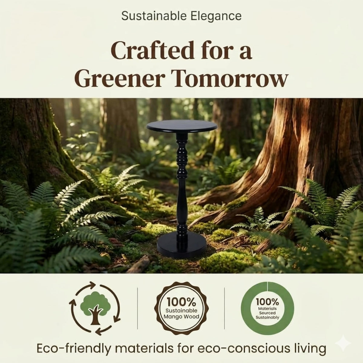 Relso Stambha Solid Wood Drink Table - 24" Tall Round Accent Side Table, Handcrafted Black Finish, Mango Wood, Perfect for Living Room, Bedroom or Indoor Plant Stand, 12" Compact Top