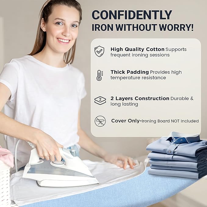 Ironing Board Cover and Pad 18"x49" Extra Thick Natural Cotton, Scorch and