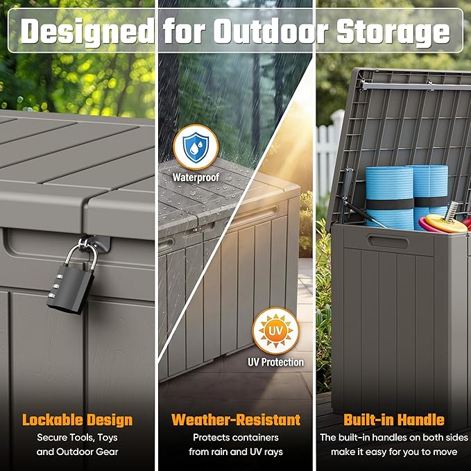 Greesum 110 Gallon Outdoor Storage Box with Lockable Lid, All-Weather Solution for Patio Furniture, Pool Supplies & Garden Tools, Waterproof, UV-Resistant Large Deck Box, Light Coffee