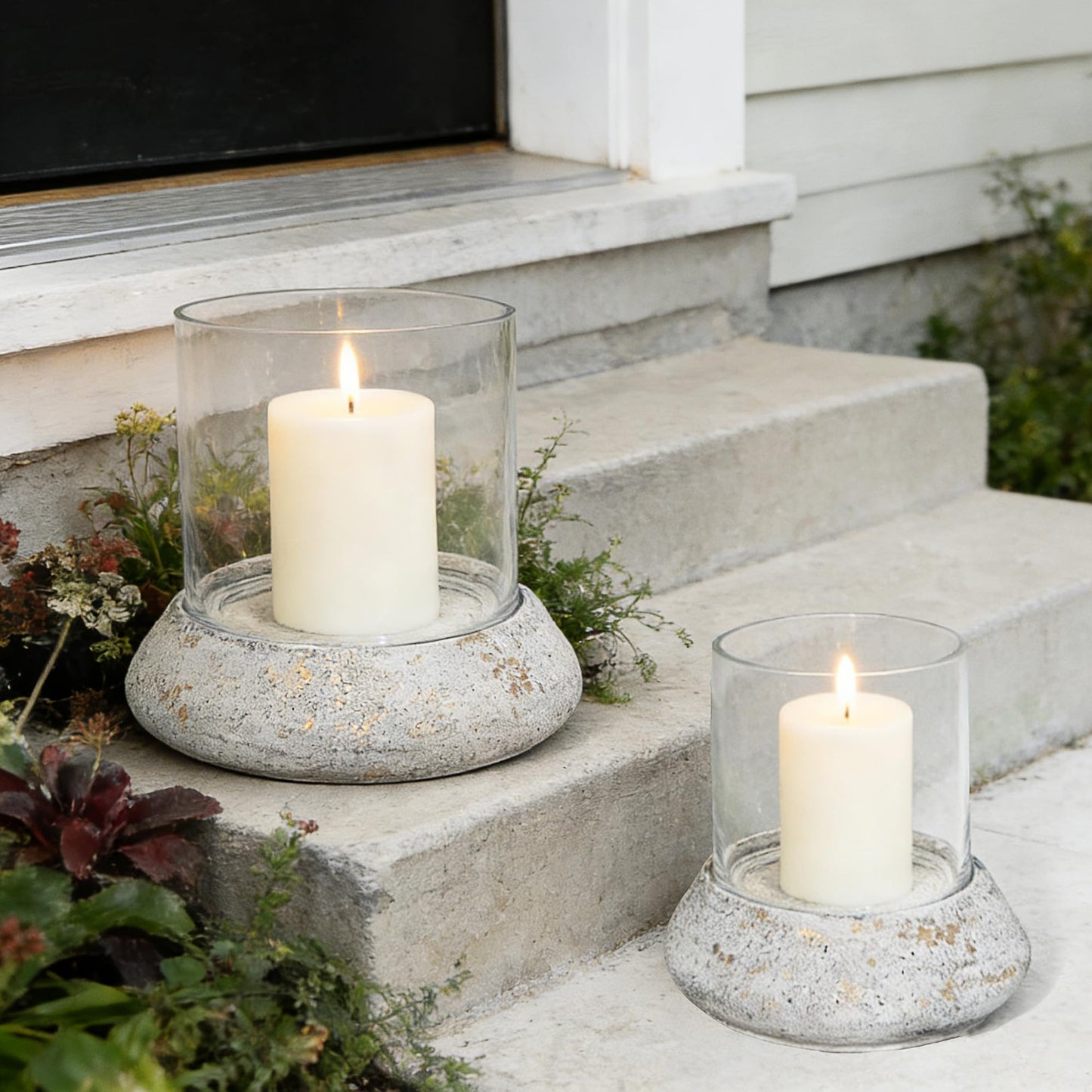 10.5" Farmhouse Glass Hurricane Candle Holder & Glass Vase with Shabby White Metal Base for Pillar & Flower Arrangement, Candlestick Holder, Terrarium, Centerpiece, Console Table, Dining Table, Mantel