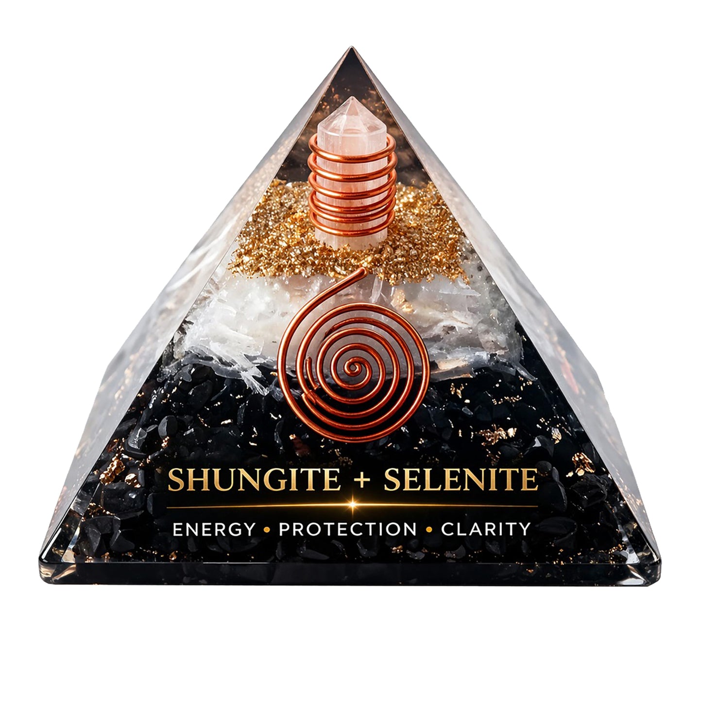 Shungite Orgonite Pyramid with Selenite – Handcrafted Crystal Pyramid for Home & Meditation Space