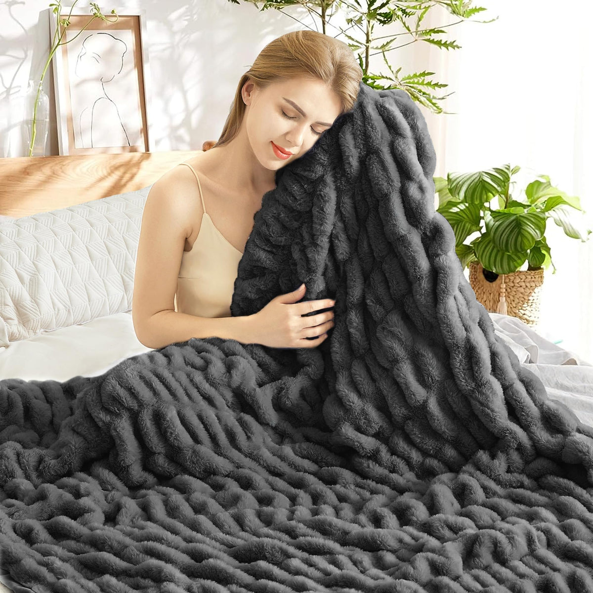 Tejoe Ultra-Soft Faux Rabbit Fur Throw Blanket 50"x60",Cozy Fuzzy & Plush Throw for Couch & Bed, Super Heavy Warm Fluffy Thick Blanket for Sofa Bedroom Living Room Home Decor - Dark Grey