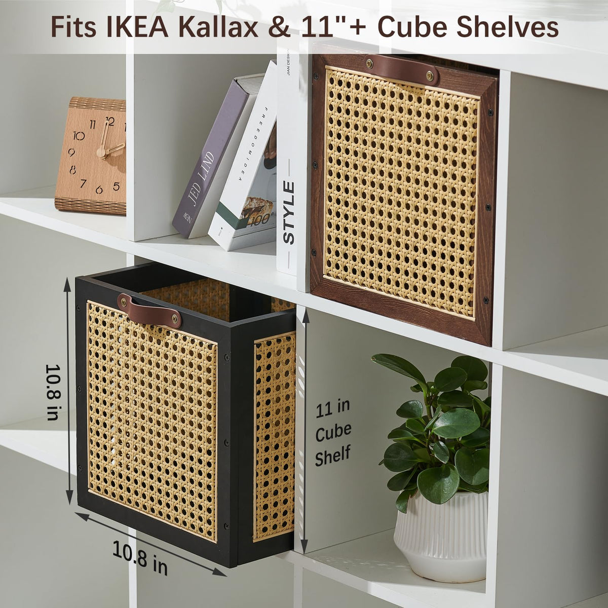 VinneGenzz 2PCS Rattan Storage Cubes Wooden Storage Baskets Boxes Decorative Natural Handmade Bohemian Solid Wood Woven Wicker Cane Bin Closet Shelf Clothes Organizer Books Magazine Holder (Walnut)