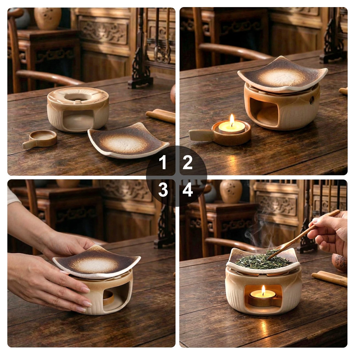 YSZYPETHE Handmade Ceramic Aromatherapy Diffuser,Herb Burner & Candle Wax Warmer with Tealight Holder, Home Fragrance Accessories forRelaxation & Meditation（3.15 * 2.95 * 2.95）