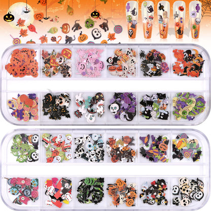 Kalolary Halloween Nail Art Sequins, 3D Skull Spider Pumpkin Bat Ghost Witch Stickers for Acrylic Nails, Halloween Wood Pulp Glitter Flakes for Nail Art Decorations