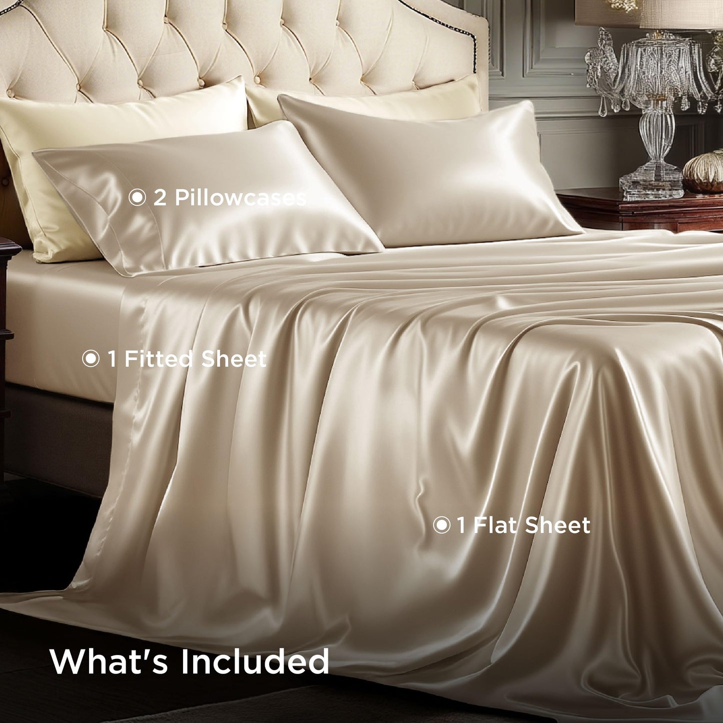 Bedsure Satin Sheets Full Size - 4 Piece Silky Bedsheets with 15 Inches Deep Pocket Fitted Bedsheet,1 Flat Sheet, 2 Satin Pillowcases, Good for Hair & Skin (Full, Champagne)