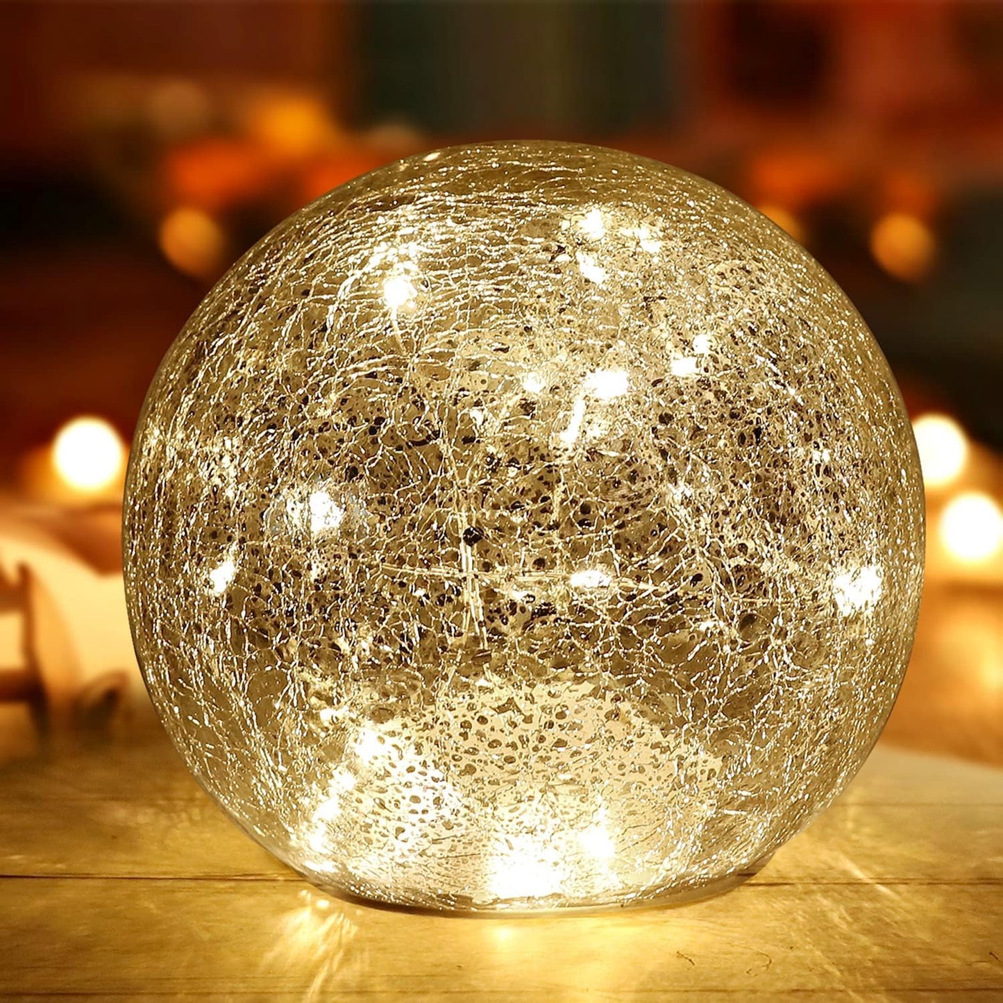 Mercury Crackle LED Glass Globe Ball Lamp with Timer, Battery Operated Night Light for Girls, Birthday, Halloween,Christmas - Decorative Gift for Home Warm White (with Timer)