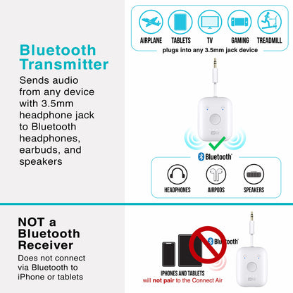 MEE audio Connect Air in-Flight Bluetooth Wireless Audio Transmitter Adapter for up to 2 AirPods / Other Headphones; Works with All 3.5mm Aux Jacks on Airplanes, Gym Equipment, TVs, & Gaming Consoles